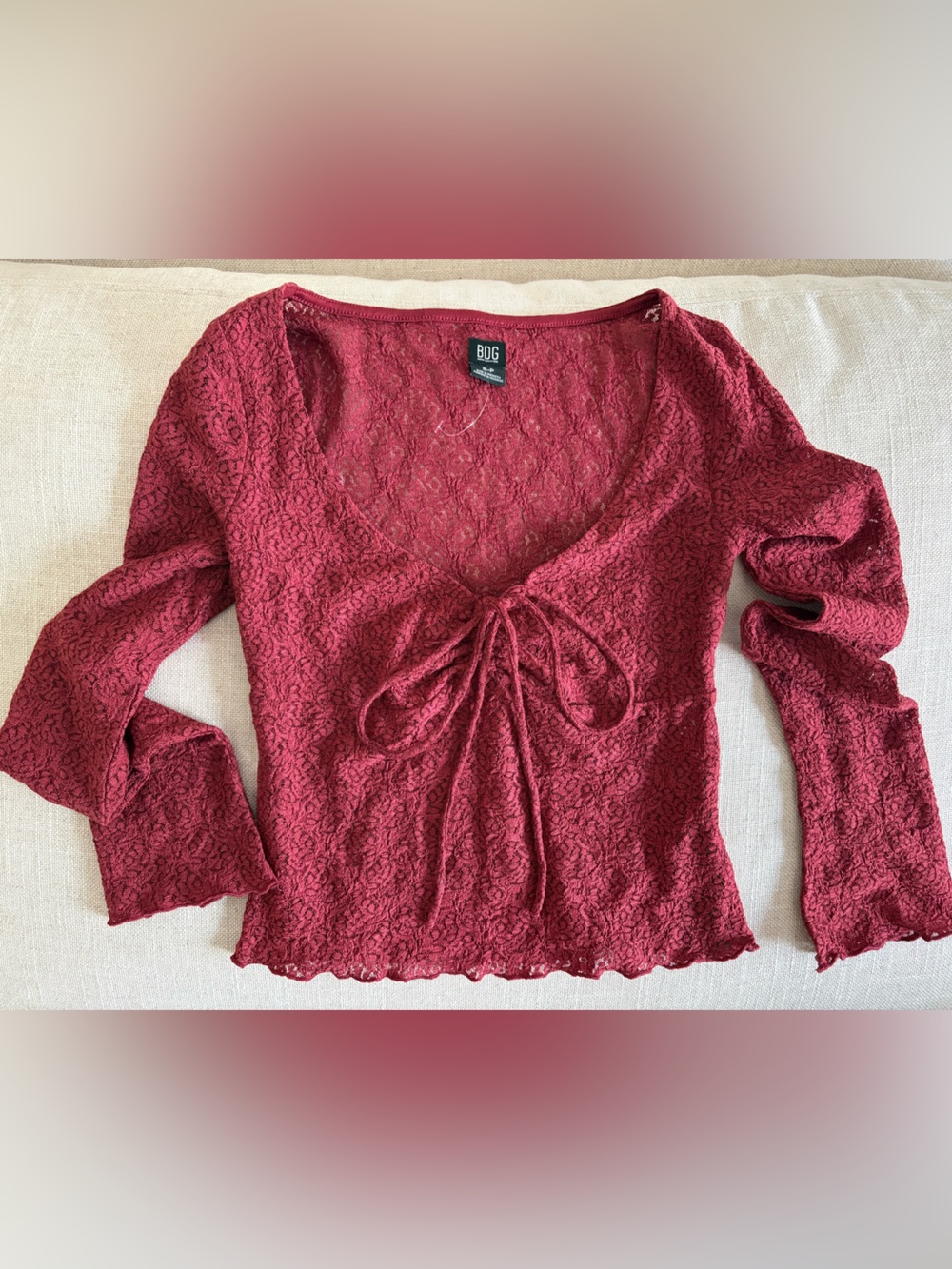 New Urban Outfitters BDG Wine Lace Sinch Tie-Front Long Sleeve Blouse